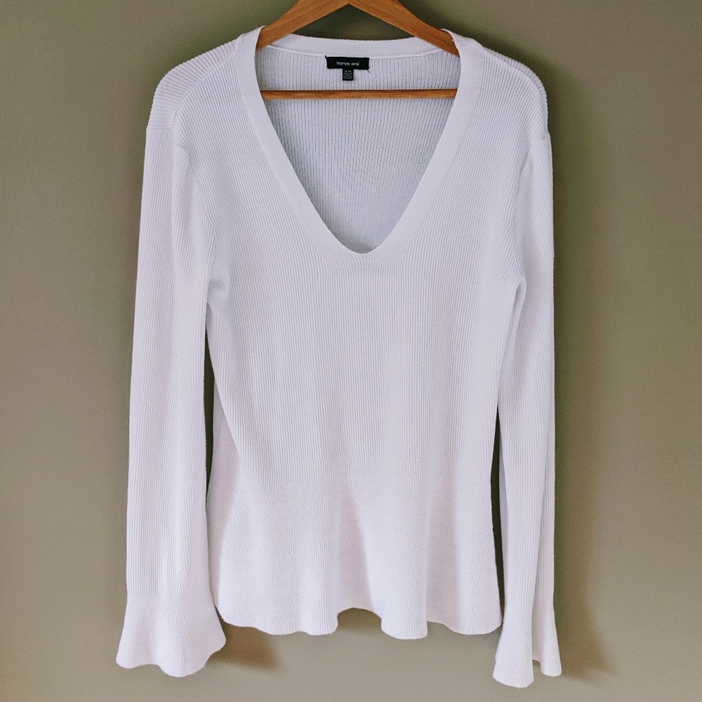 Verve Ami white v-neck flared waist sweater